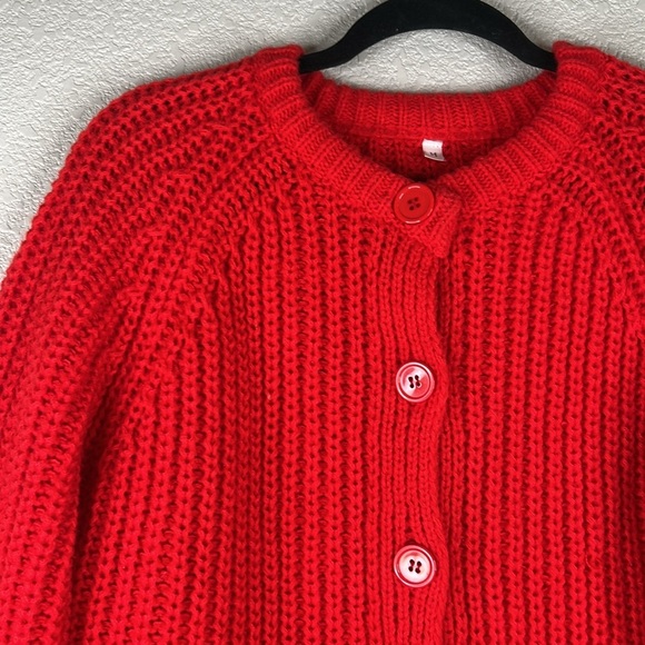 Red Festive Large Knit Button Down Winter Fall Cardigan Sweater Size Medium - Picture 3 of 6
